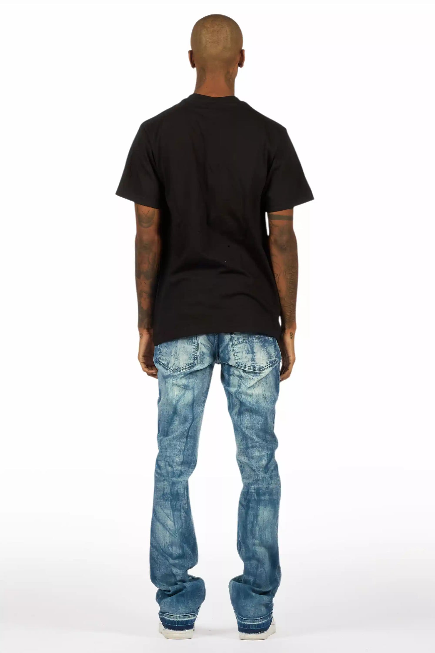 Inkspill Blue Oil Wash Stacked Flare Jean