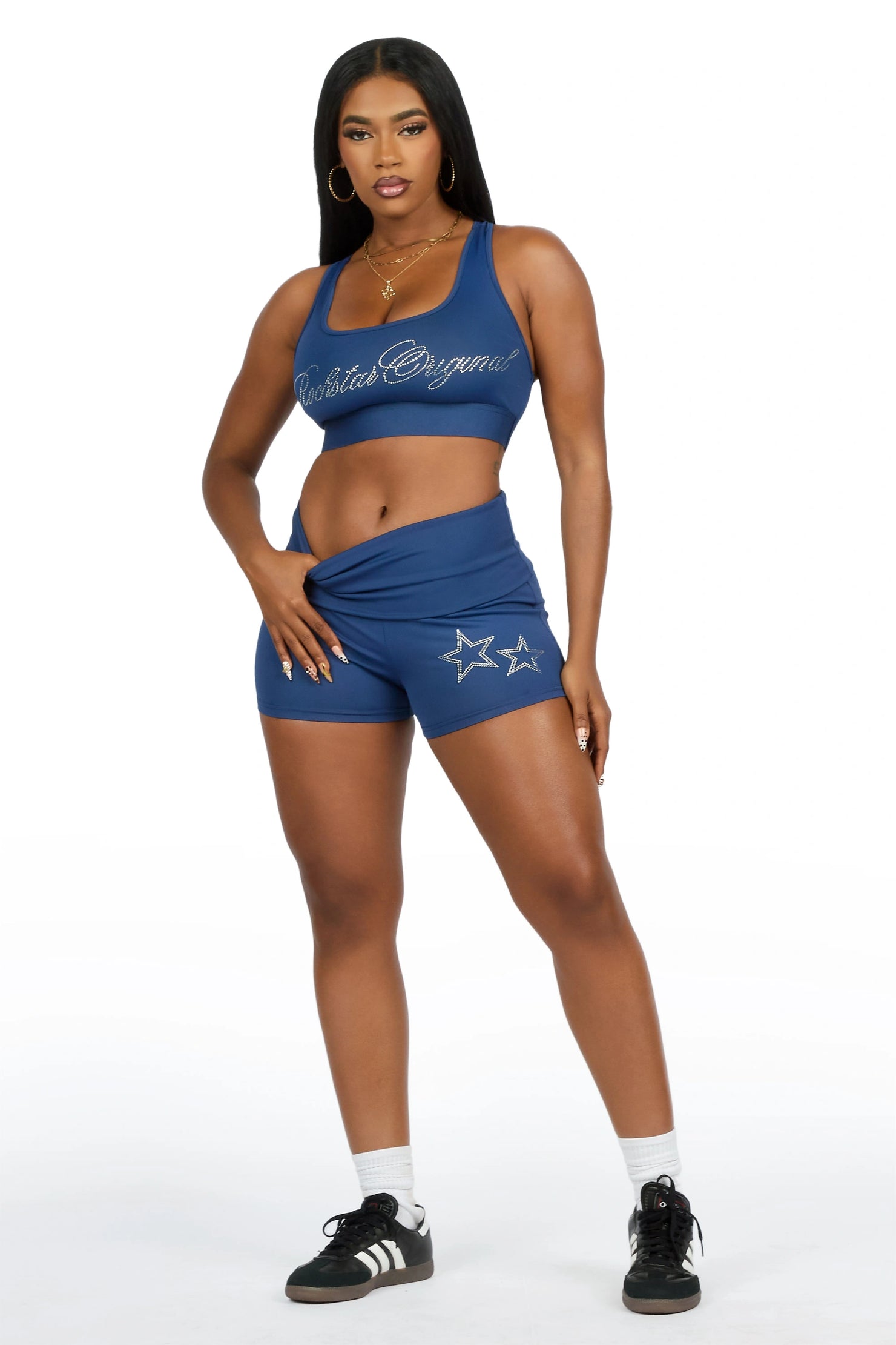 Arieona Navy Rhinestone Sports Bra Foldover Short Set