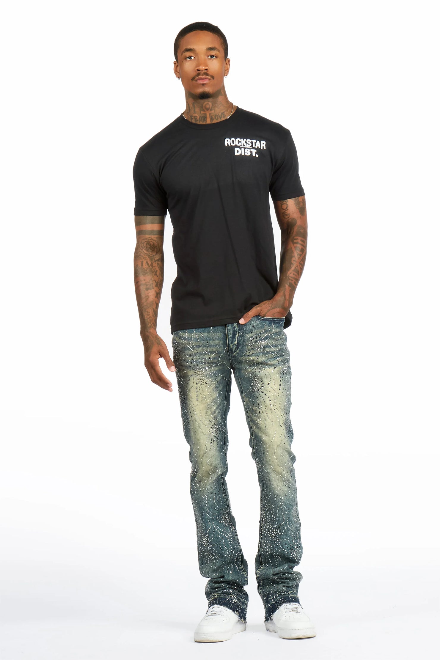 Izai Dark Blue Rhinestone Stacked Fit Jean