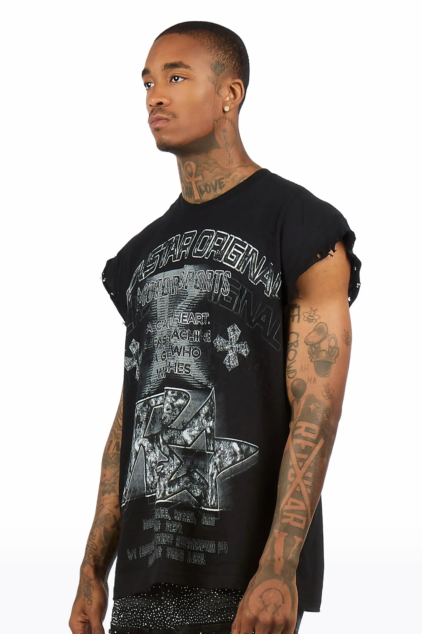 Byson Black Oversized Cut Sleeve T-Shirt