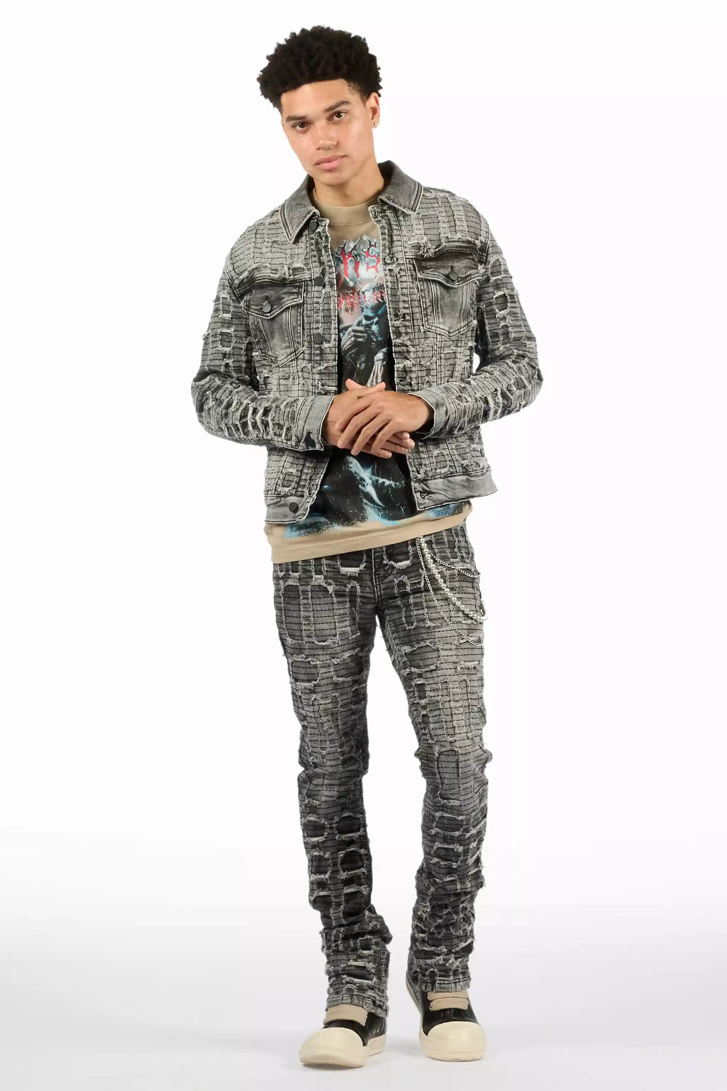 Gribo Grey Denim Jacket/Stacked Flare Jean Set