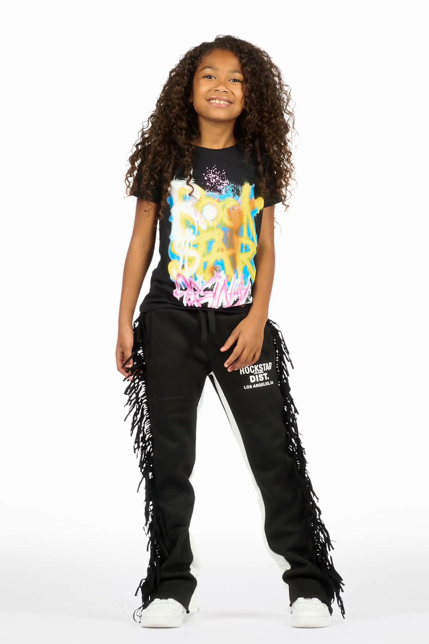 Girls Kendra Black Fringe Stacked Flare Pant