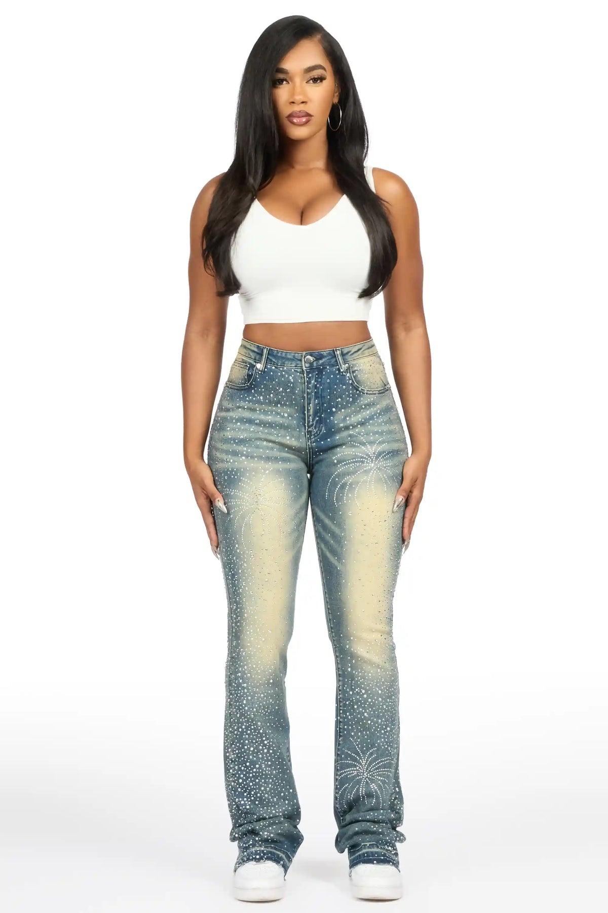Jamella Dark Wash Rhinestone Stacked Flare Jean