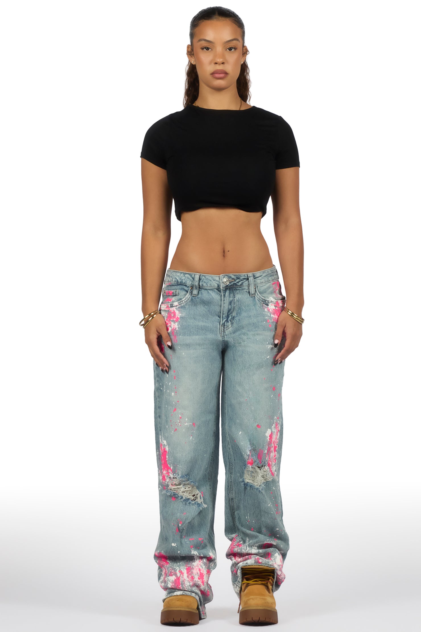 Zyra Tinted Light Wash Painted Baggy Jean