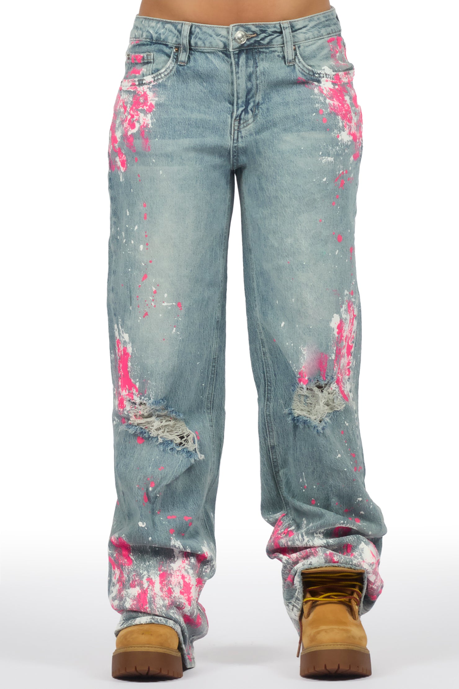 Zyra Tinted Light Wash Painted Baggy Jean