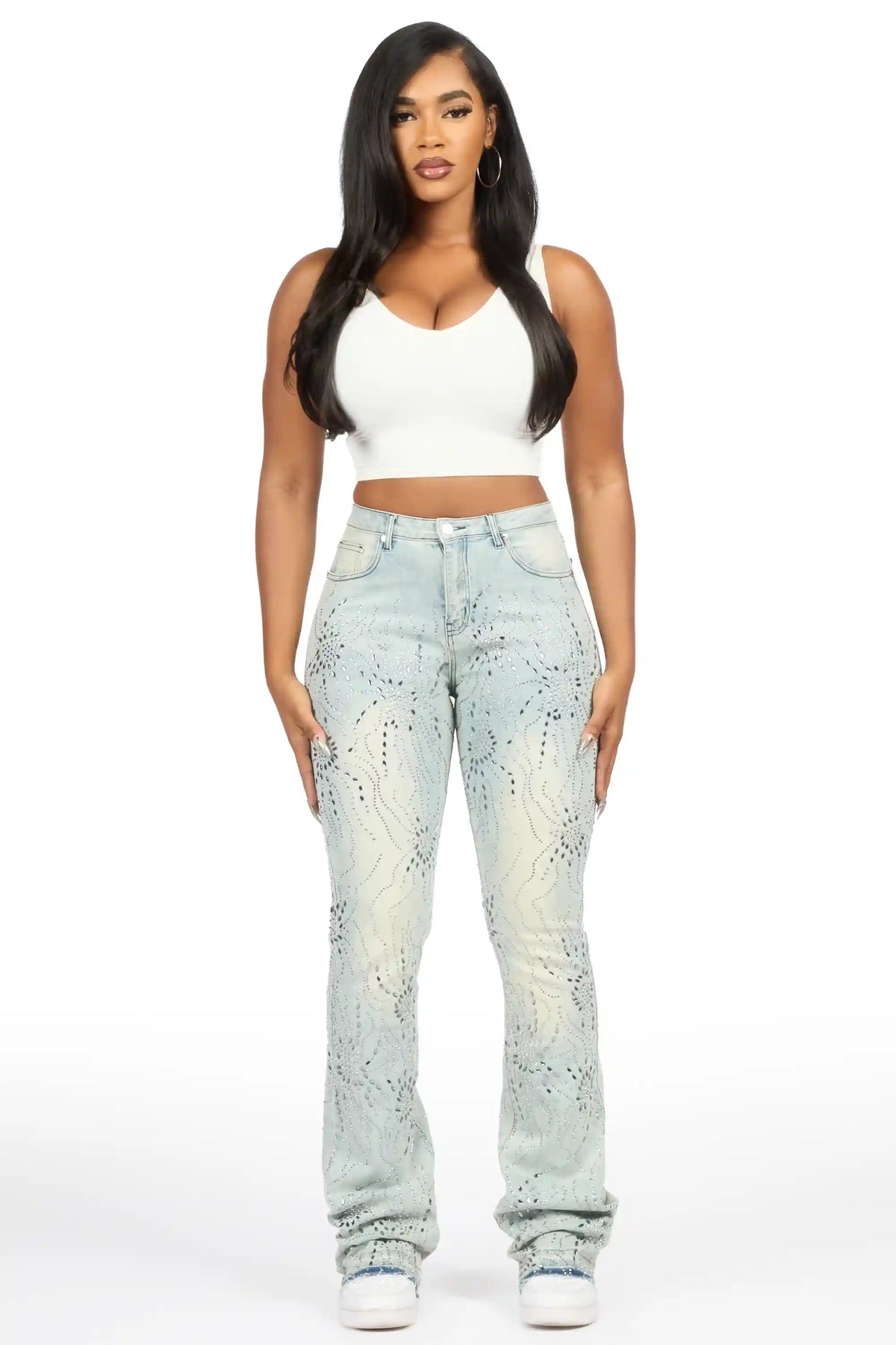 Deidra Light Wash Rhinestone Stacked Flare Jean