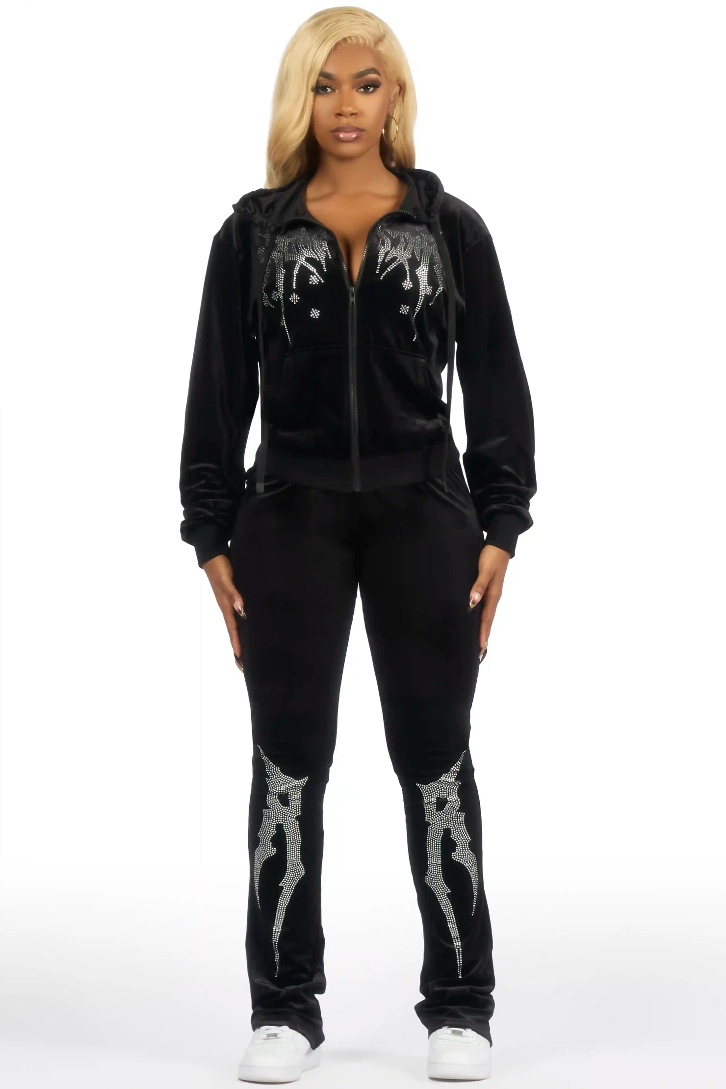 Deidre Black Rhinestone Velour Stacked Track Set