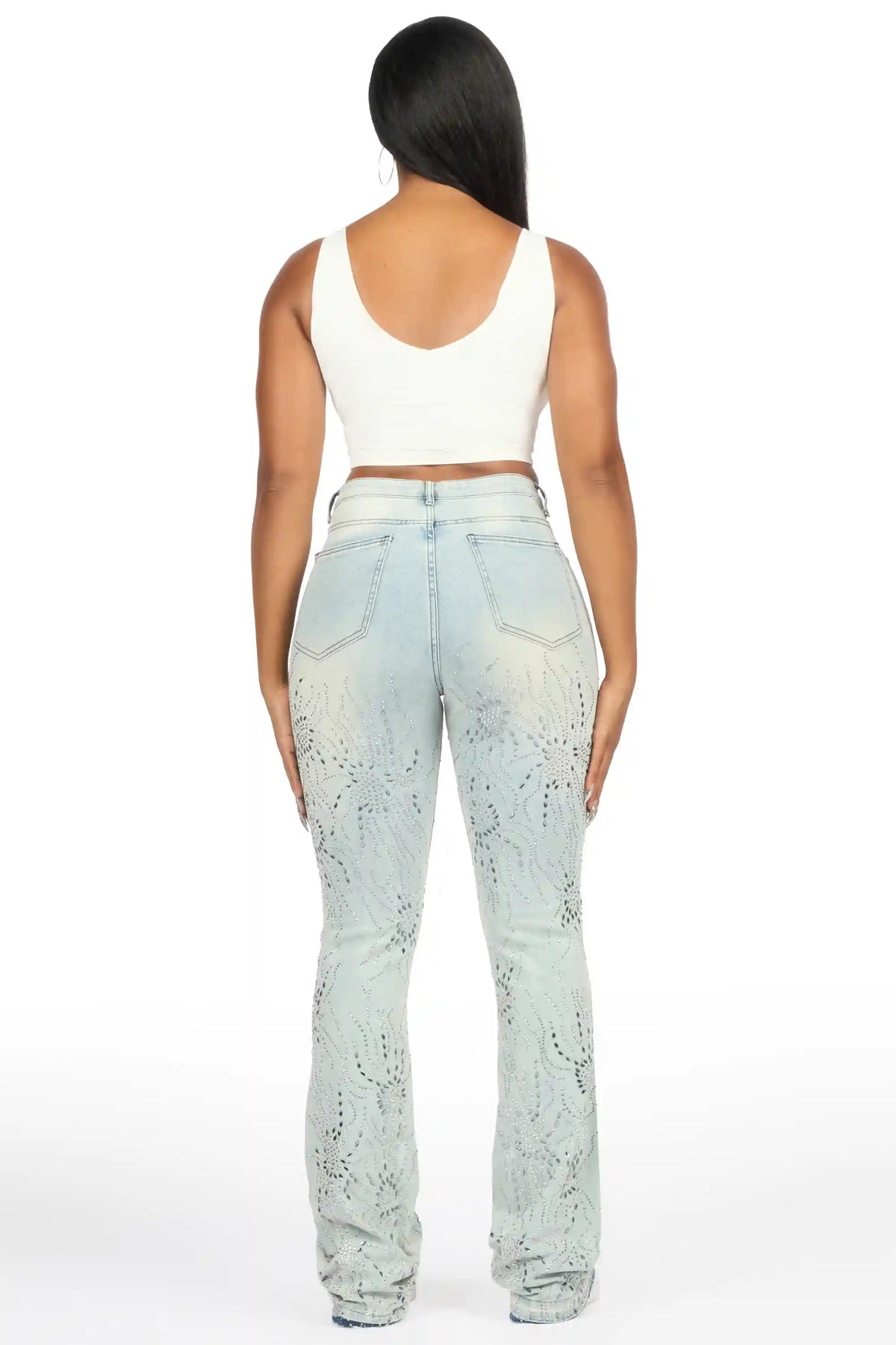 Deidra Light Wash Rhinestone Stacked Flare Jean