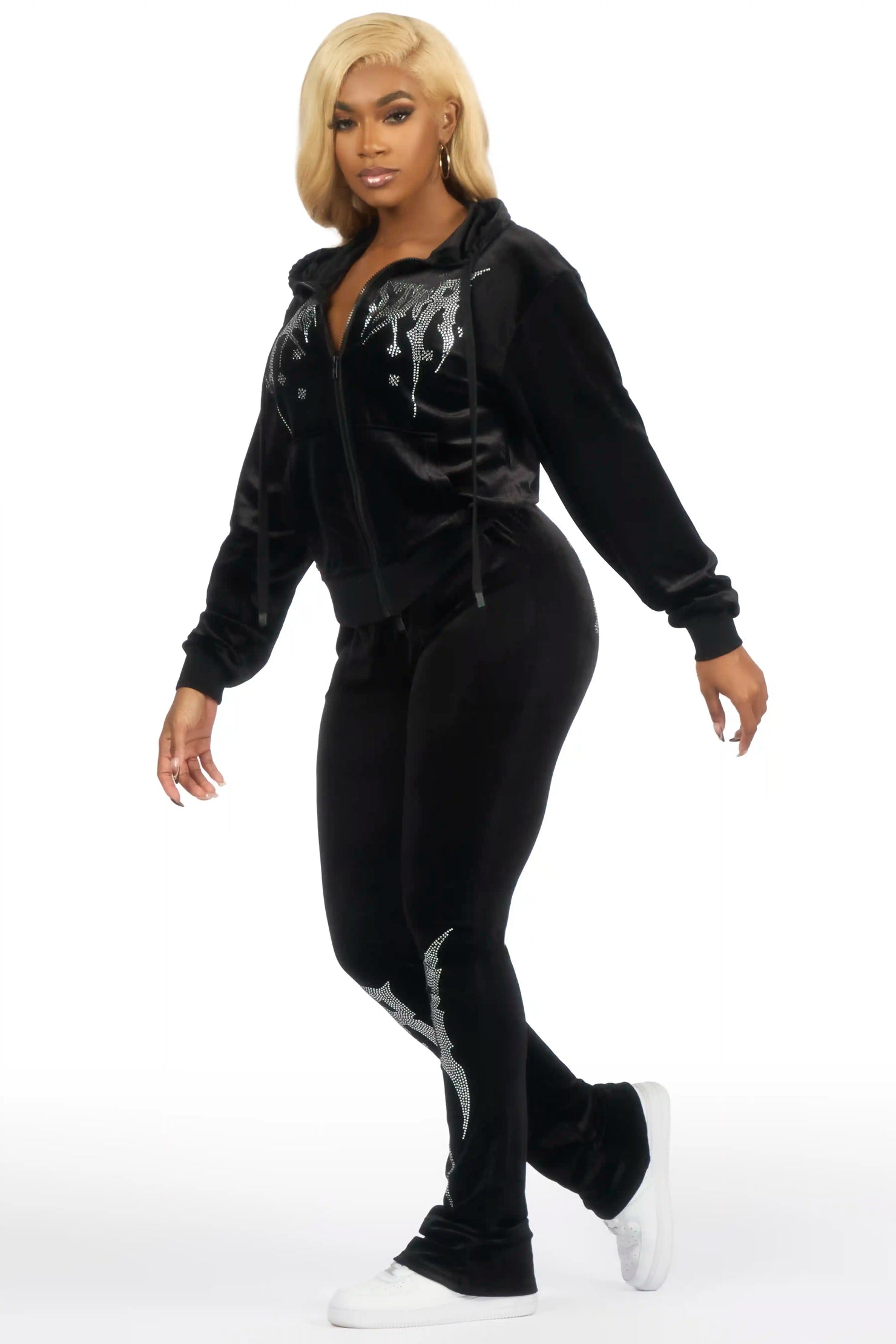 Deidre Black Rhinestone Velour Stacked Track Set