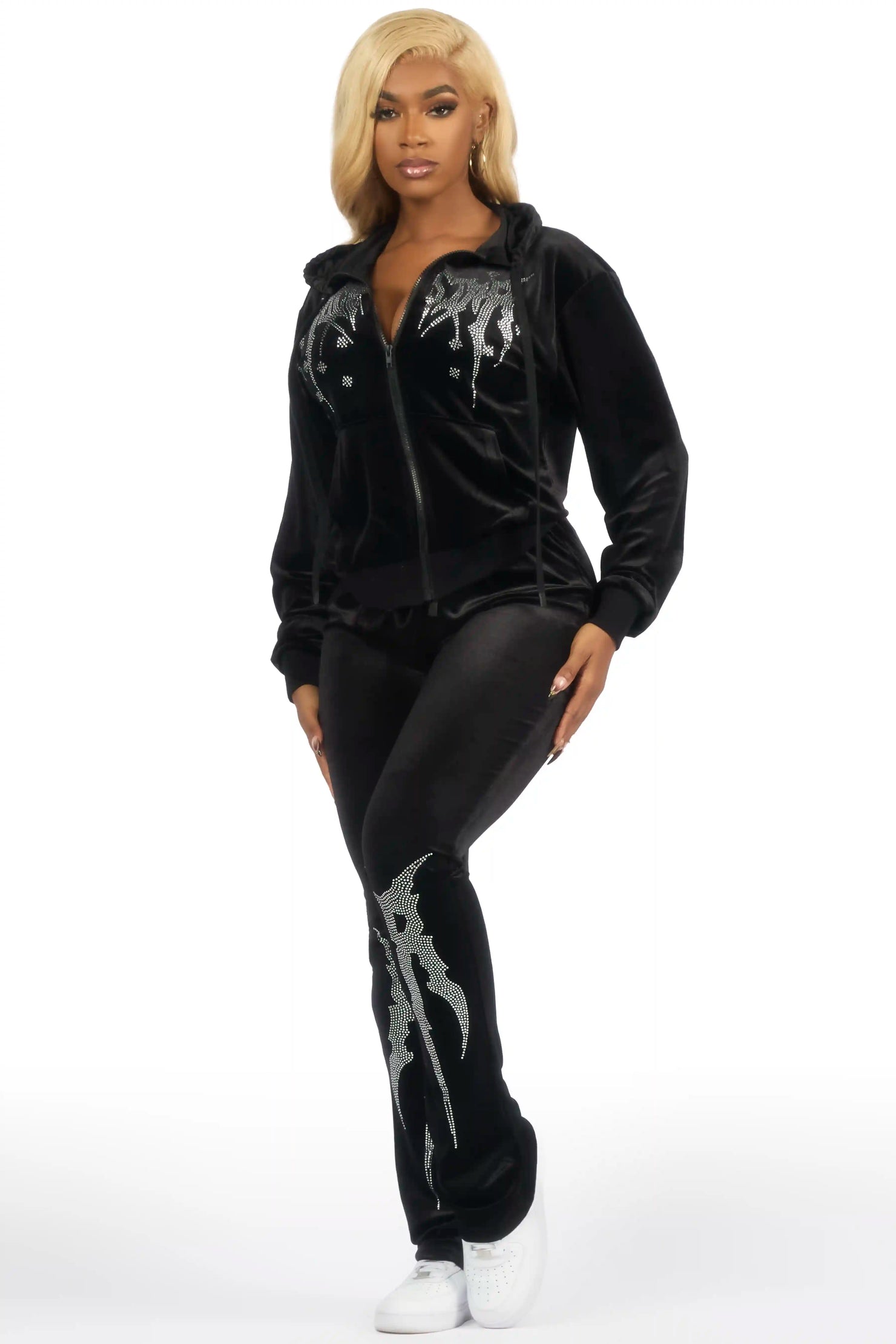 Deidre Black Rhinestone Velour Stacked Track Set