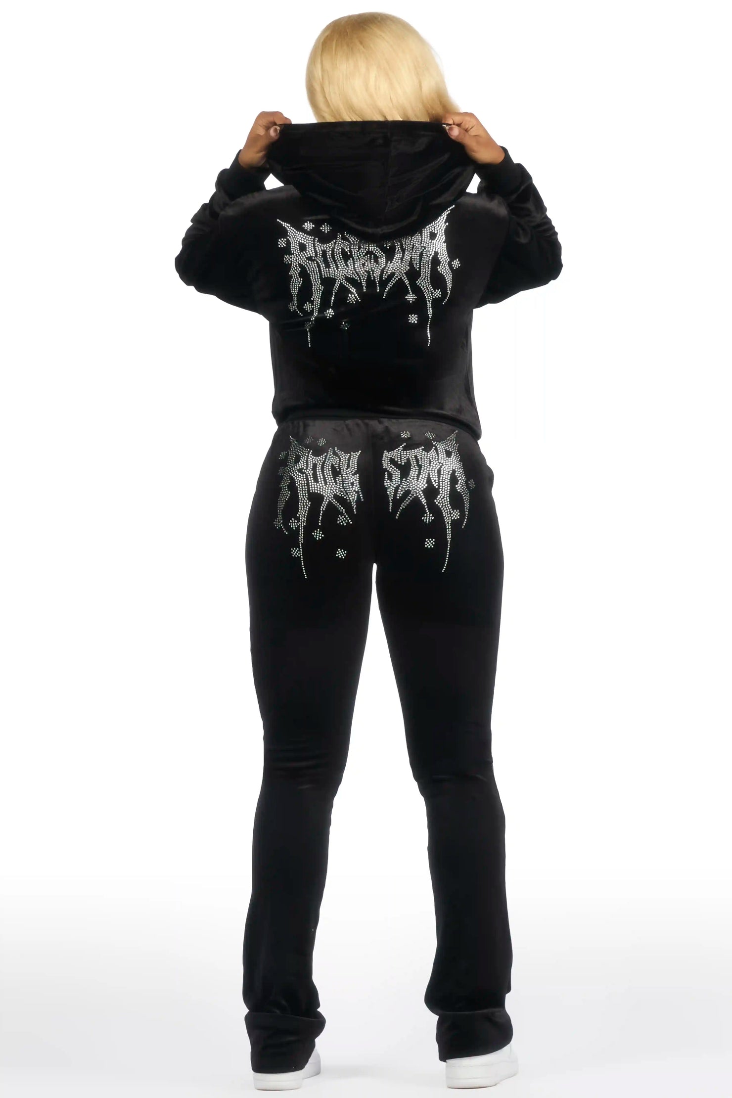 Deidre Black Rhinestone Velour Stacked Track Set
