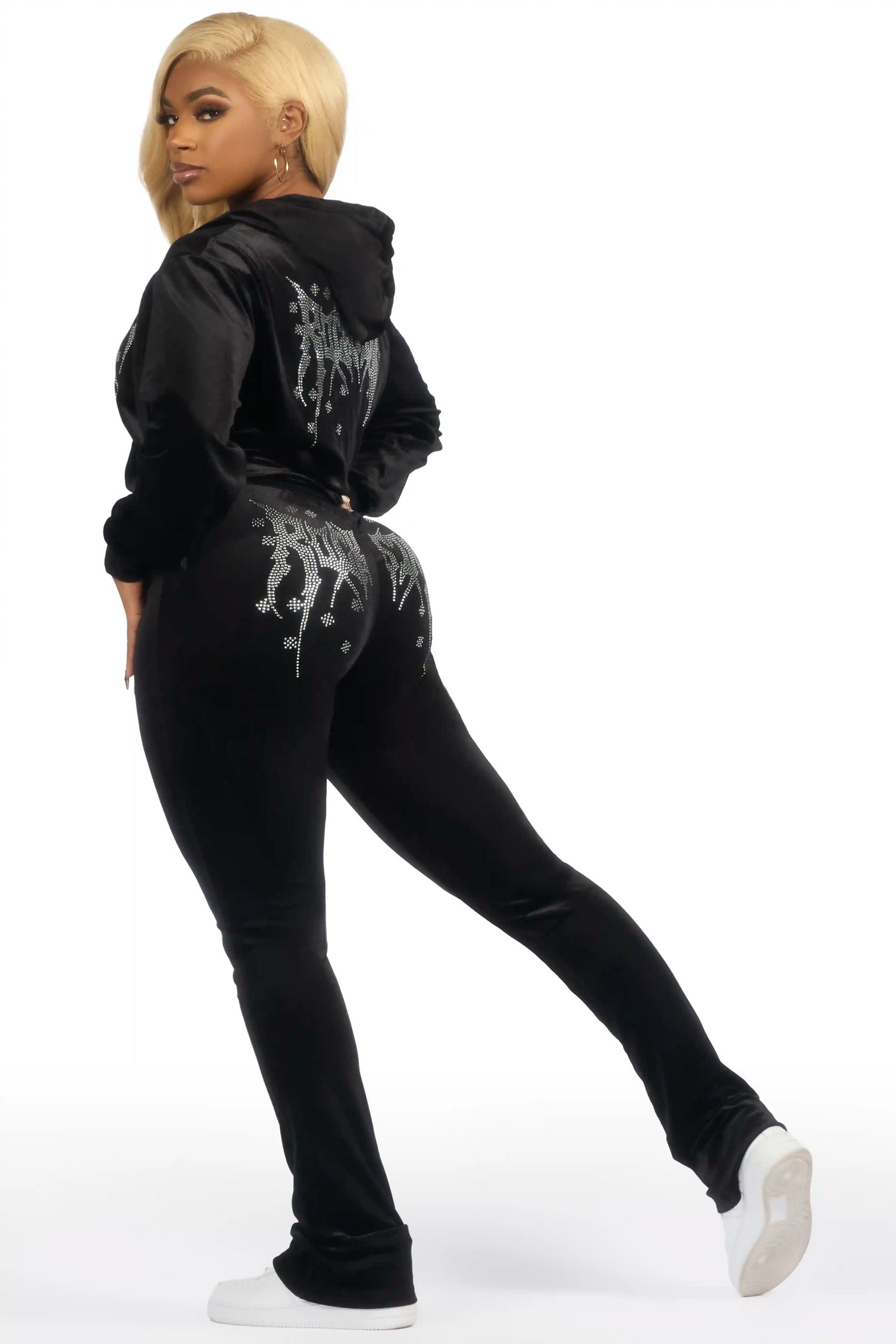Deidre Black Rhinestone Velour Stacked Track Set