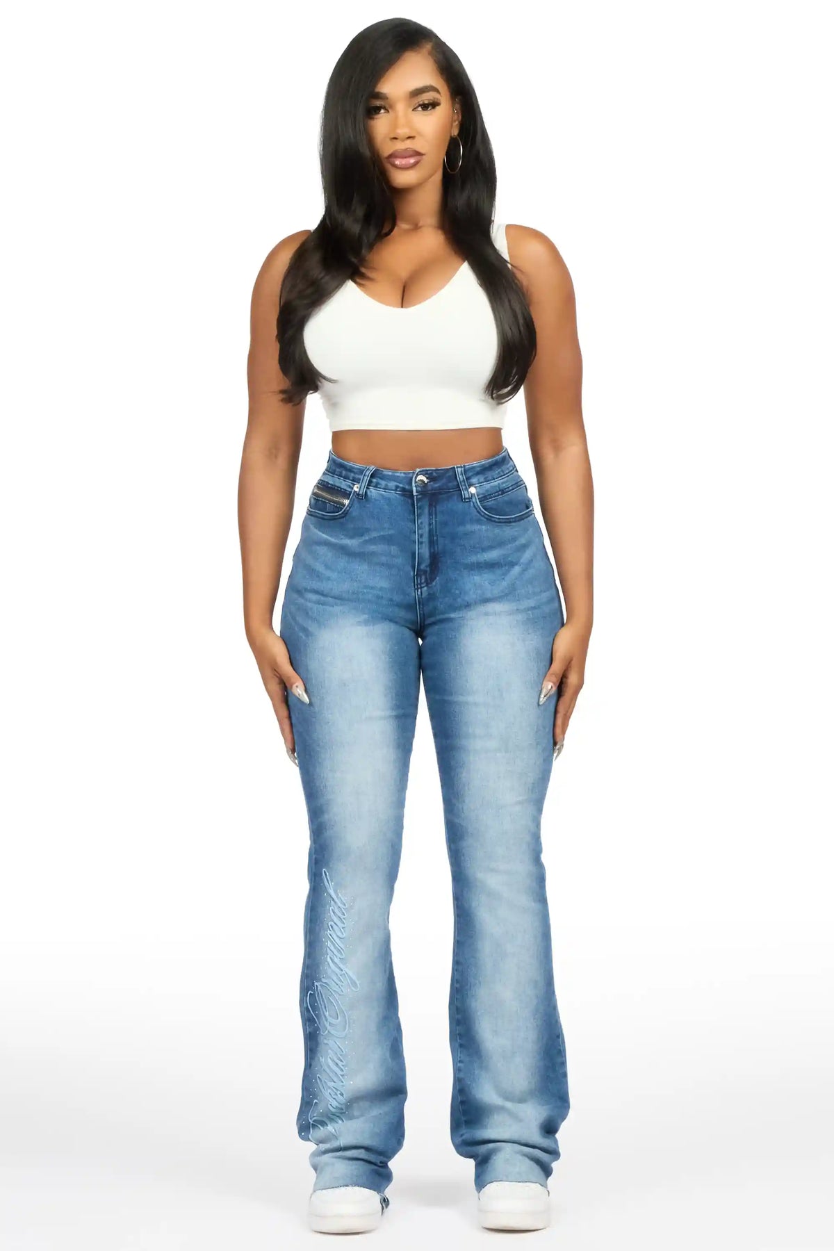 Calisa Med.Wash Rhinestone Stacked Flare Jean