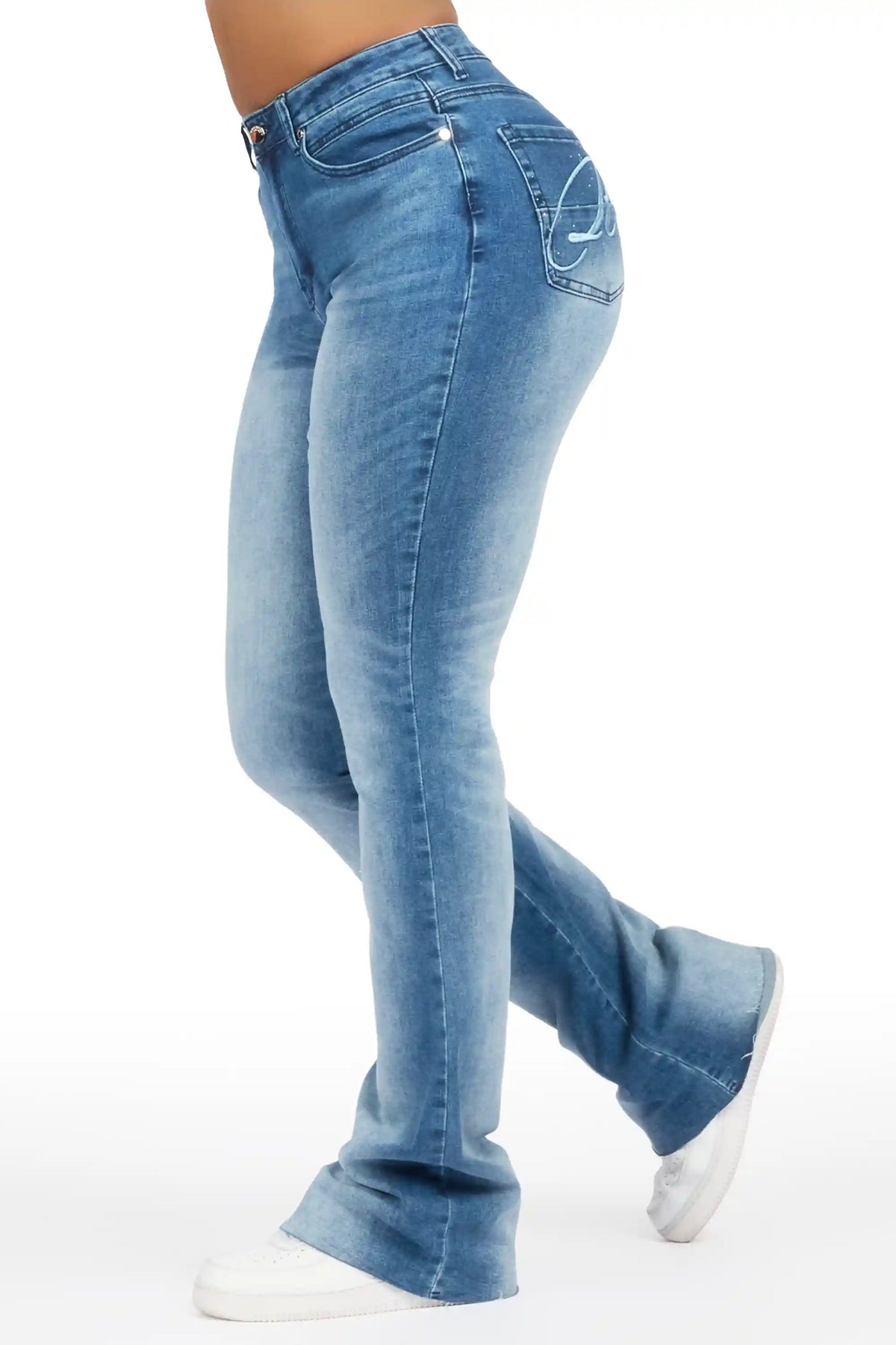 Calisa Med.Wash Rhinestone Stacked Flare Jean