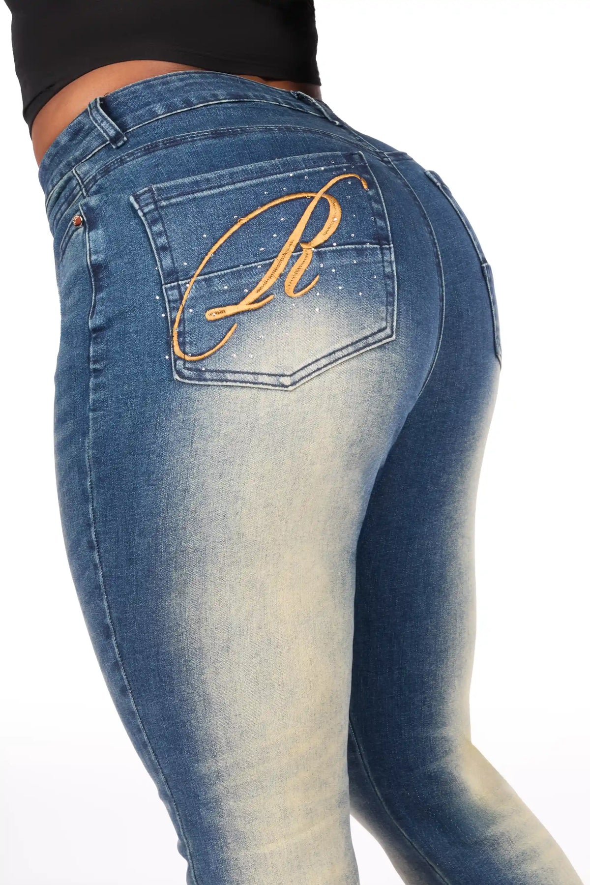 Calisa Tint Rhinestone Stacked Flare Jean