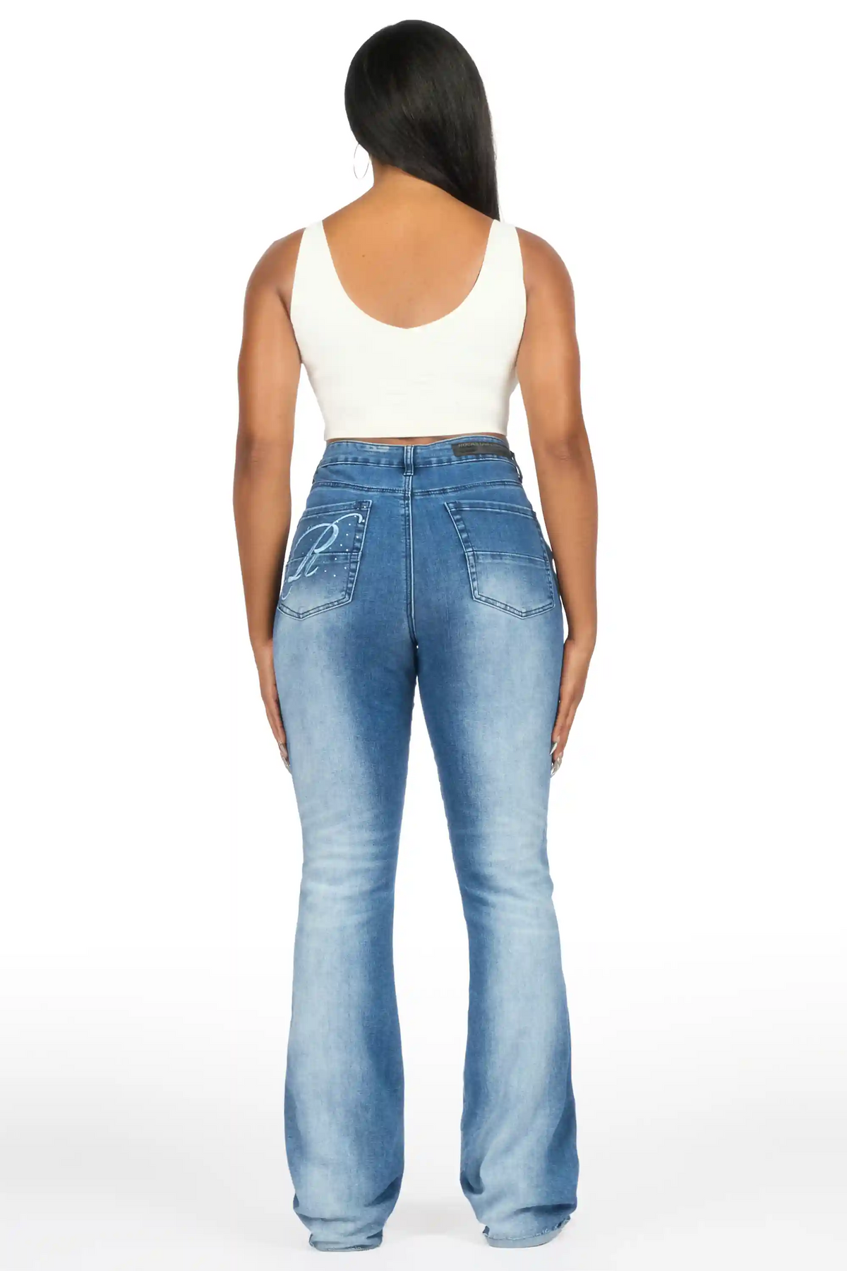 Calisa Med.Wash Rhinestone Stacked Flare Jean