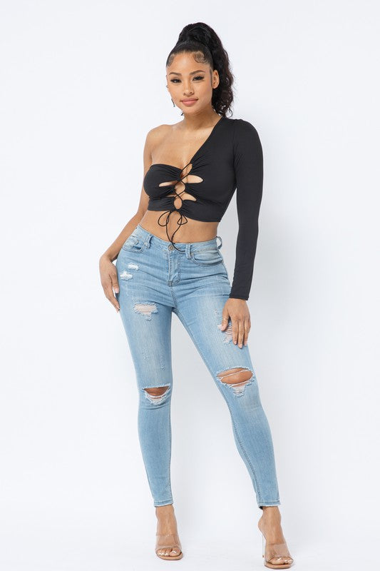 Terrica Black One Shoulder Long Sleeve Top