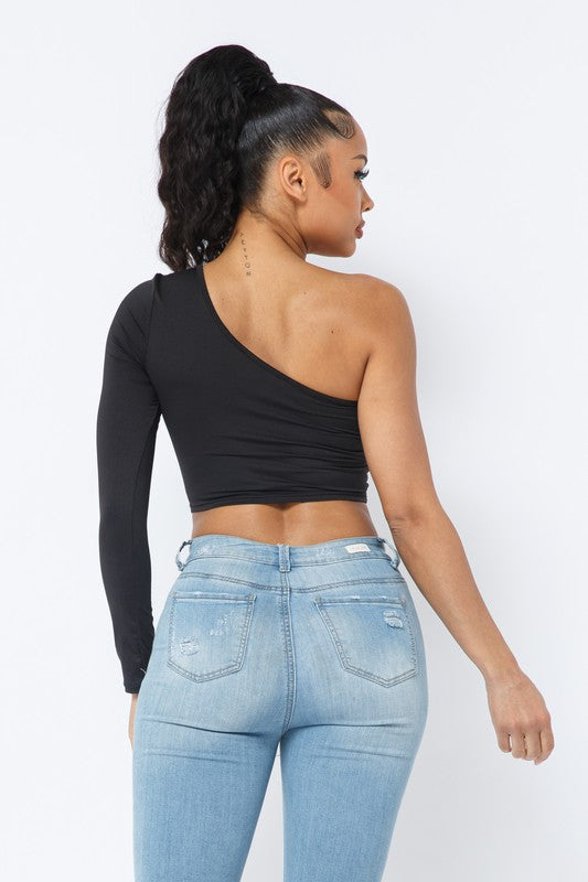 Terrica Black One Shoulder Long Sleeve Top