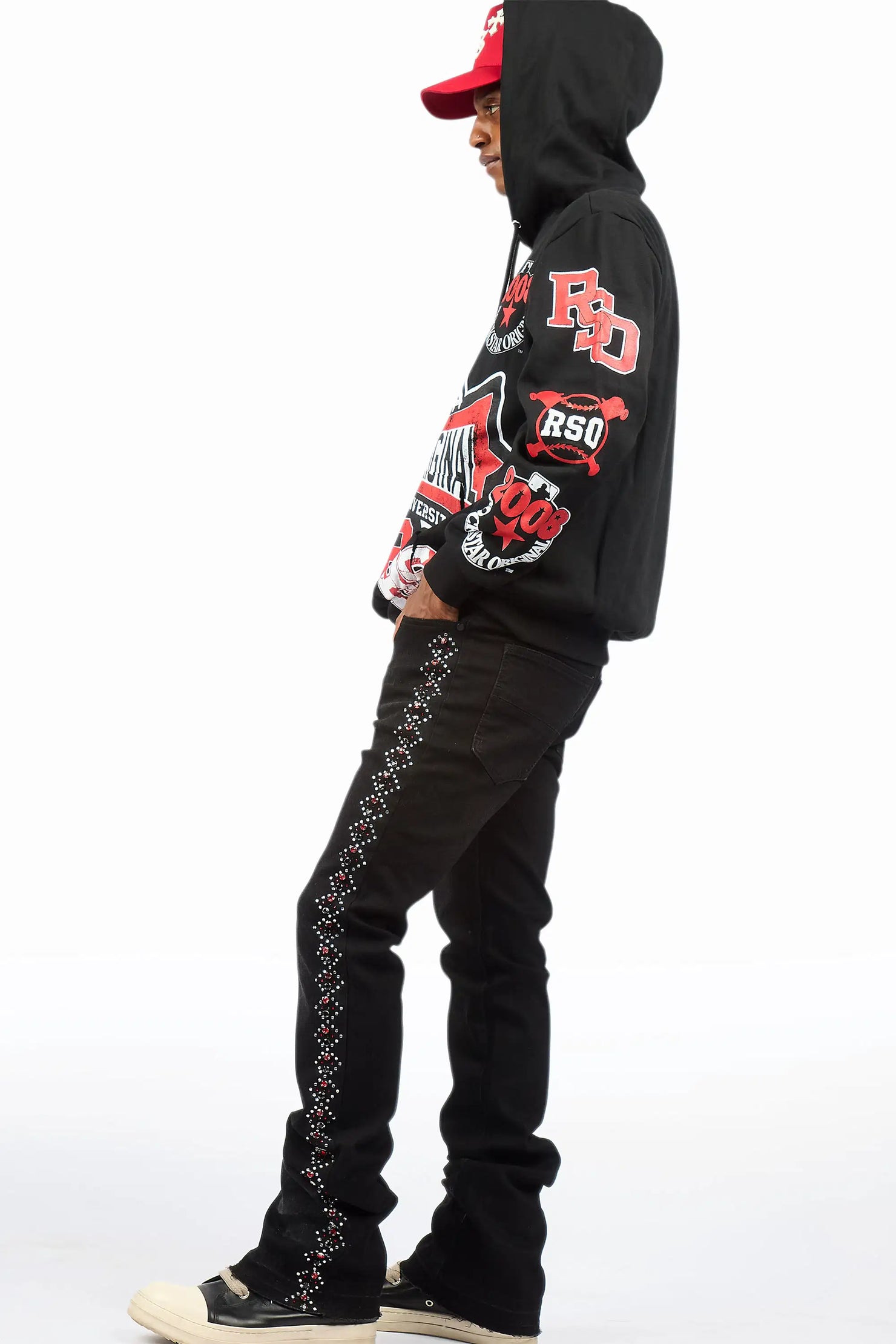 Ozi Rhinestone Dark Grey Stacked Flare Jean