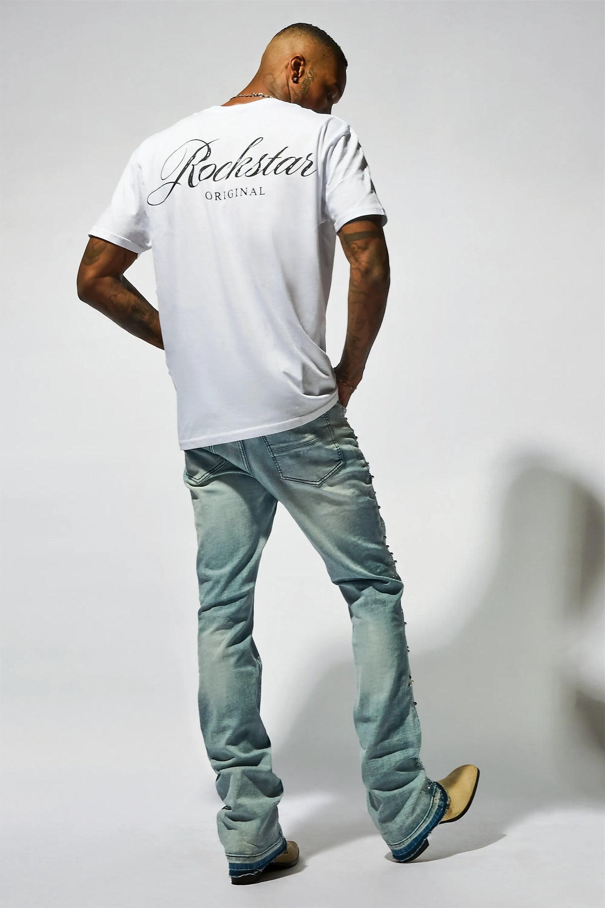 Monty Light Blue Rhinestone Studded Stacked Flare Jean
