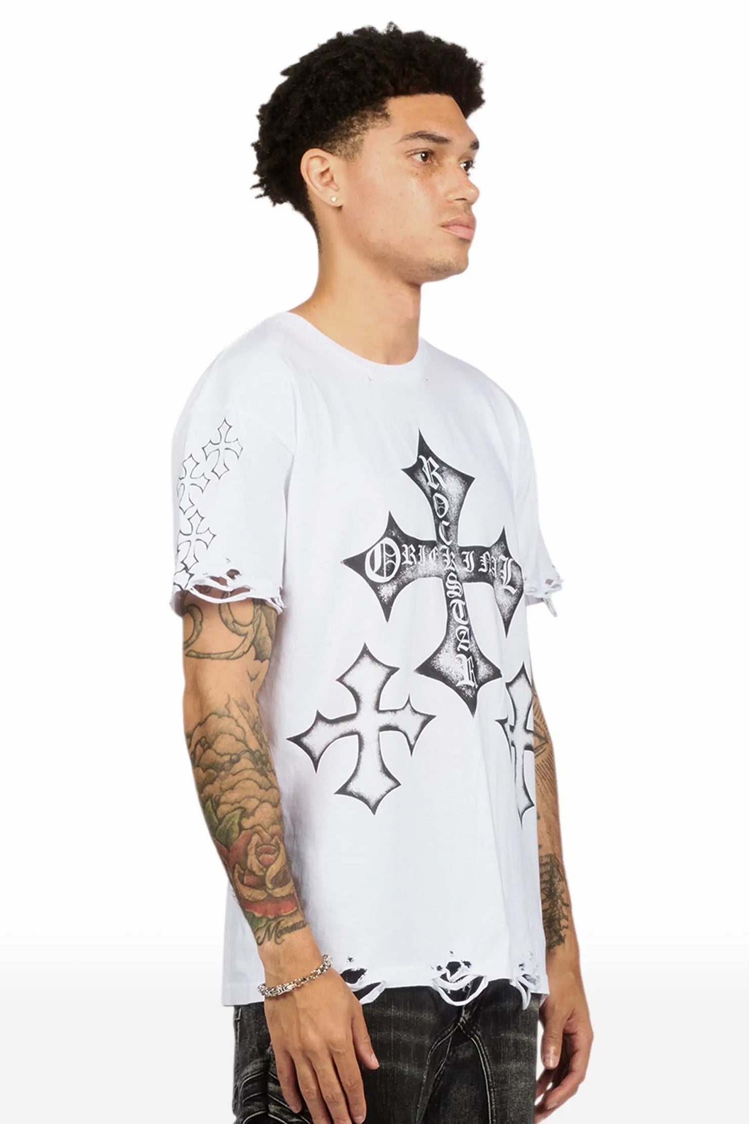 Marizon White/Black Oversized Distressed Graphic T-Shirt
