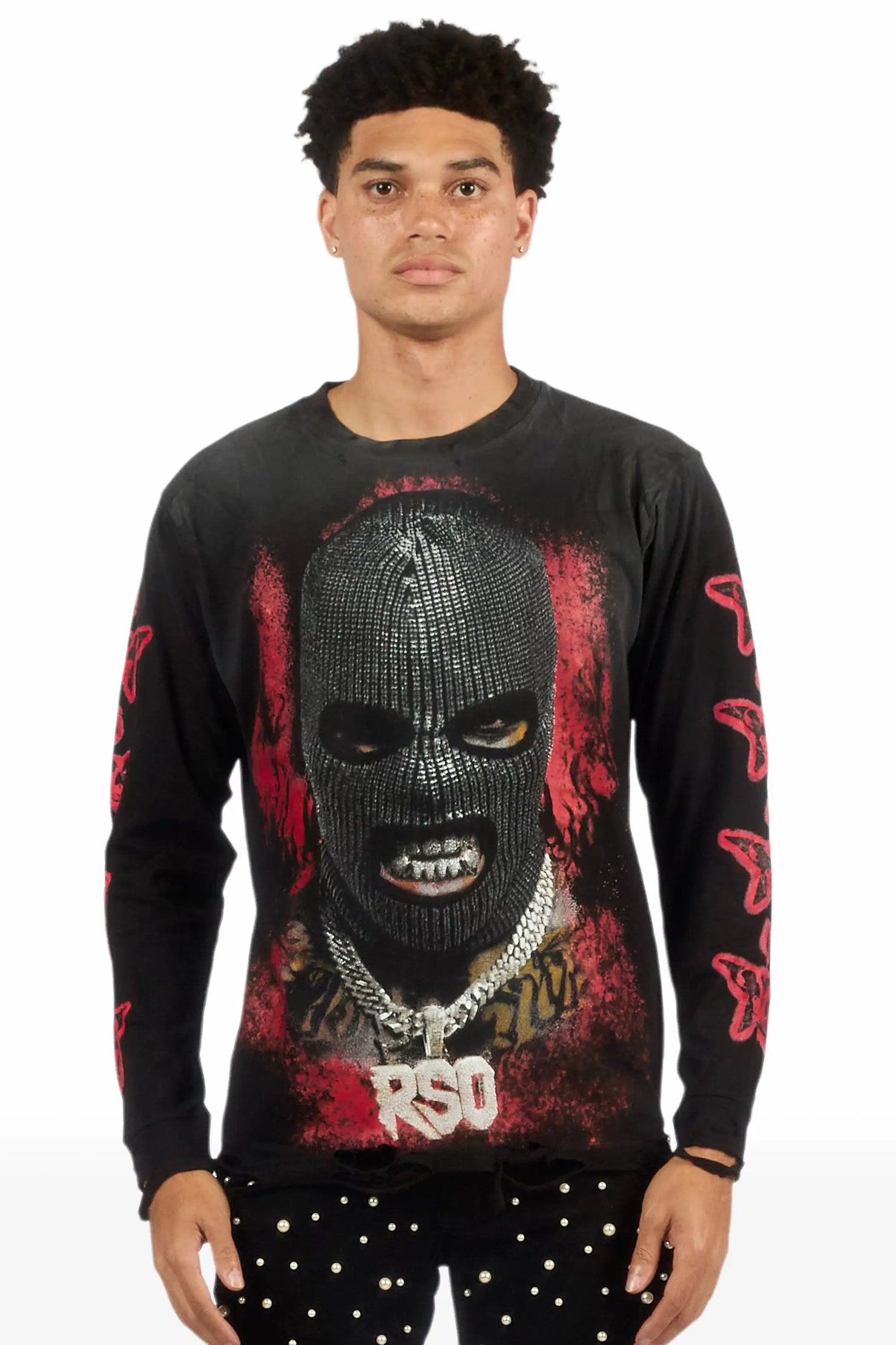 Tyvion Black/Red Long Sleeve Distressed Graphic T-Shirt
