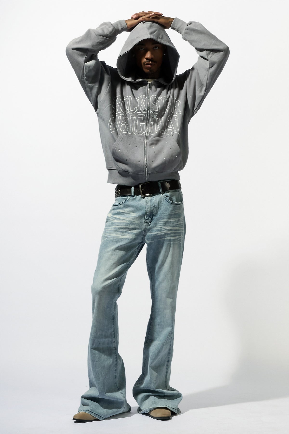 Dripped Vintage Grey Rhinestone Hoodie