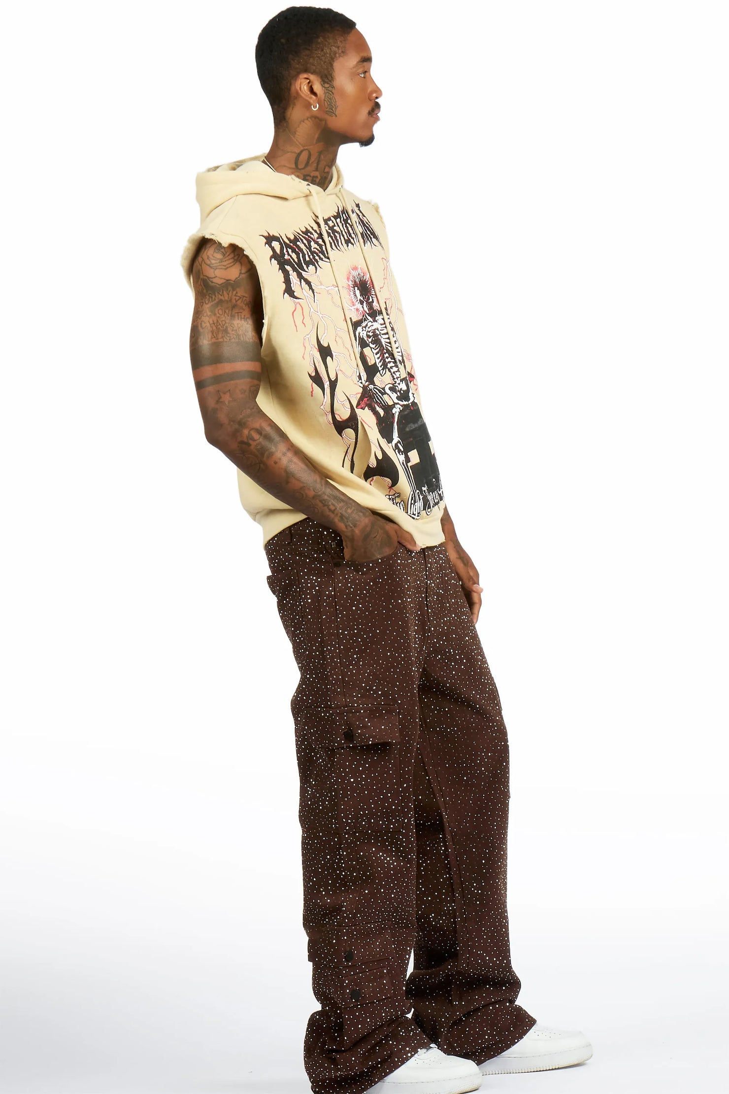 Deathrow 2.0 Beige Cut Sleeve Hoodie