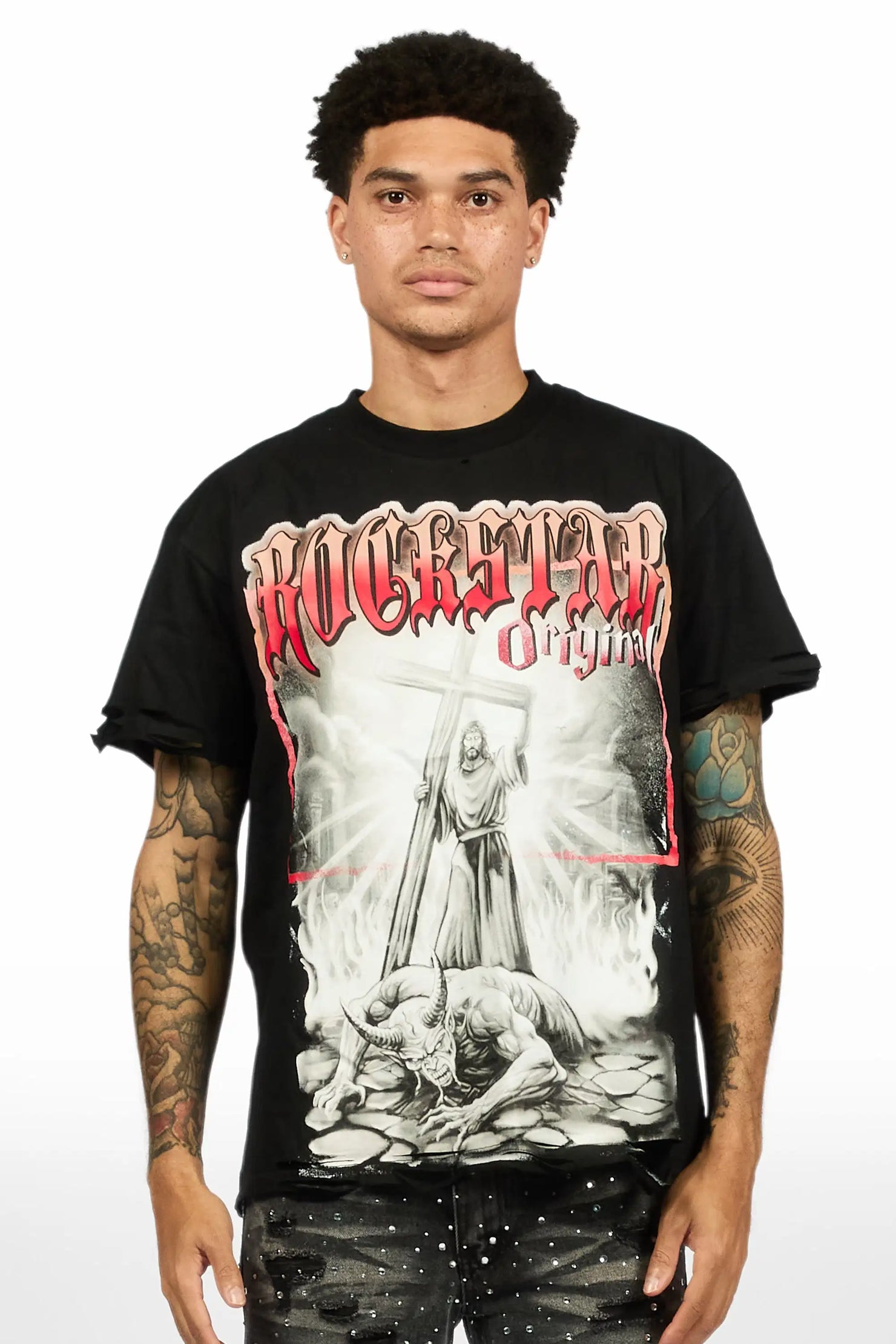 Renzo Black Oversized Graphic T-Shirt