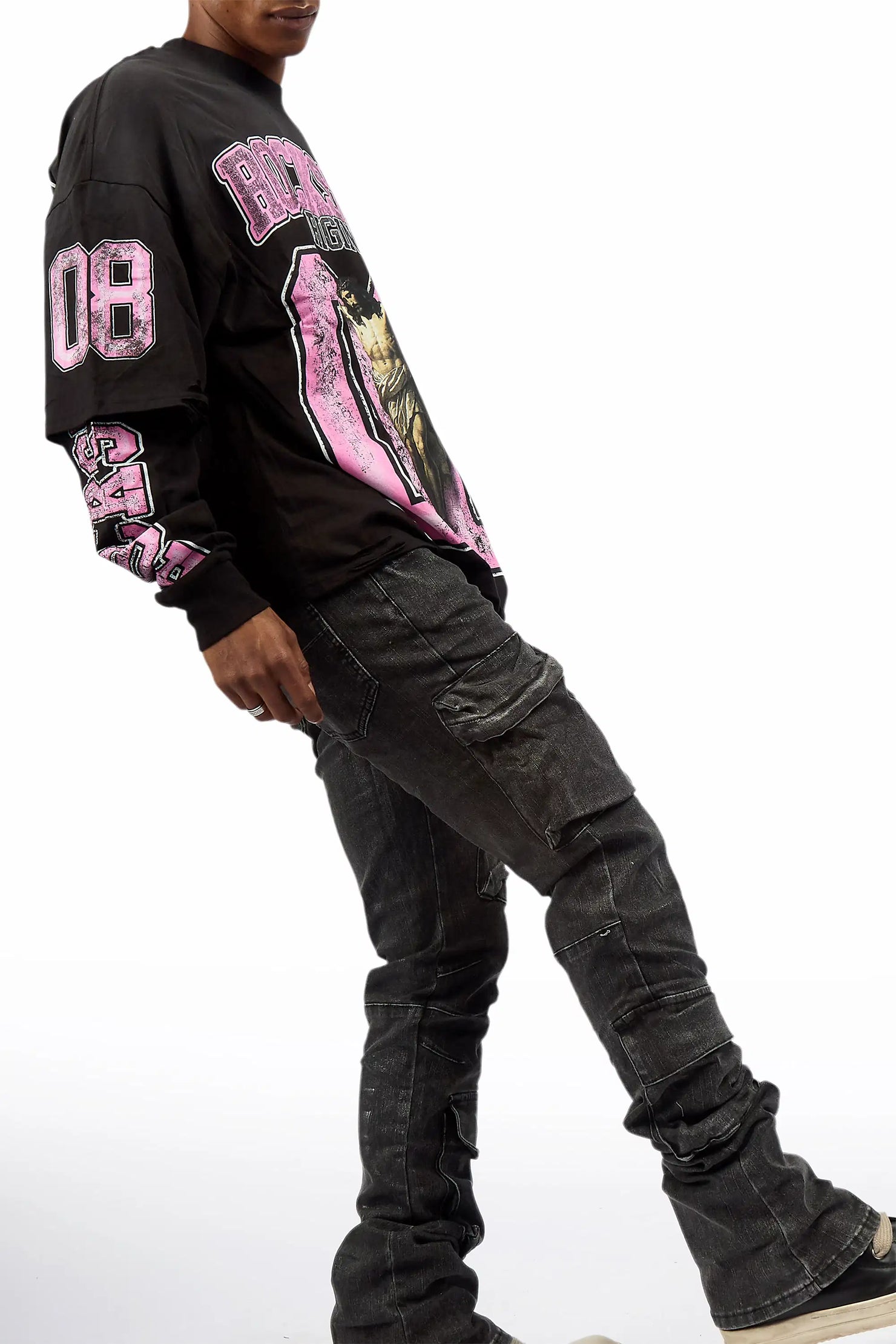 Titan Foil Stacked Flare Jean