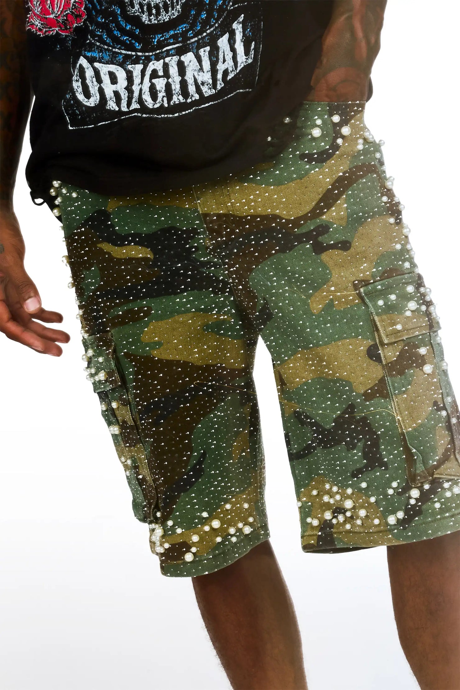 Sevyn Faded Camo Rhinestone Denim Short