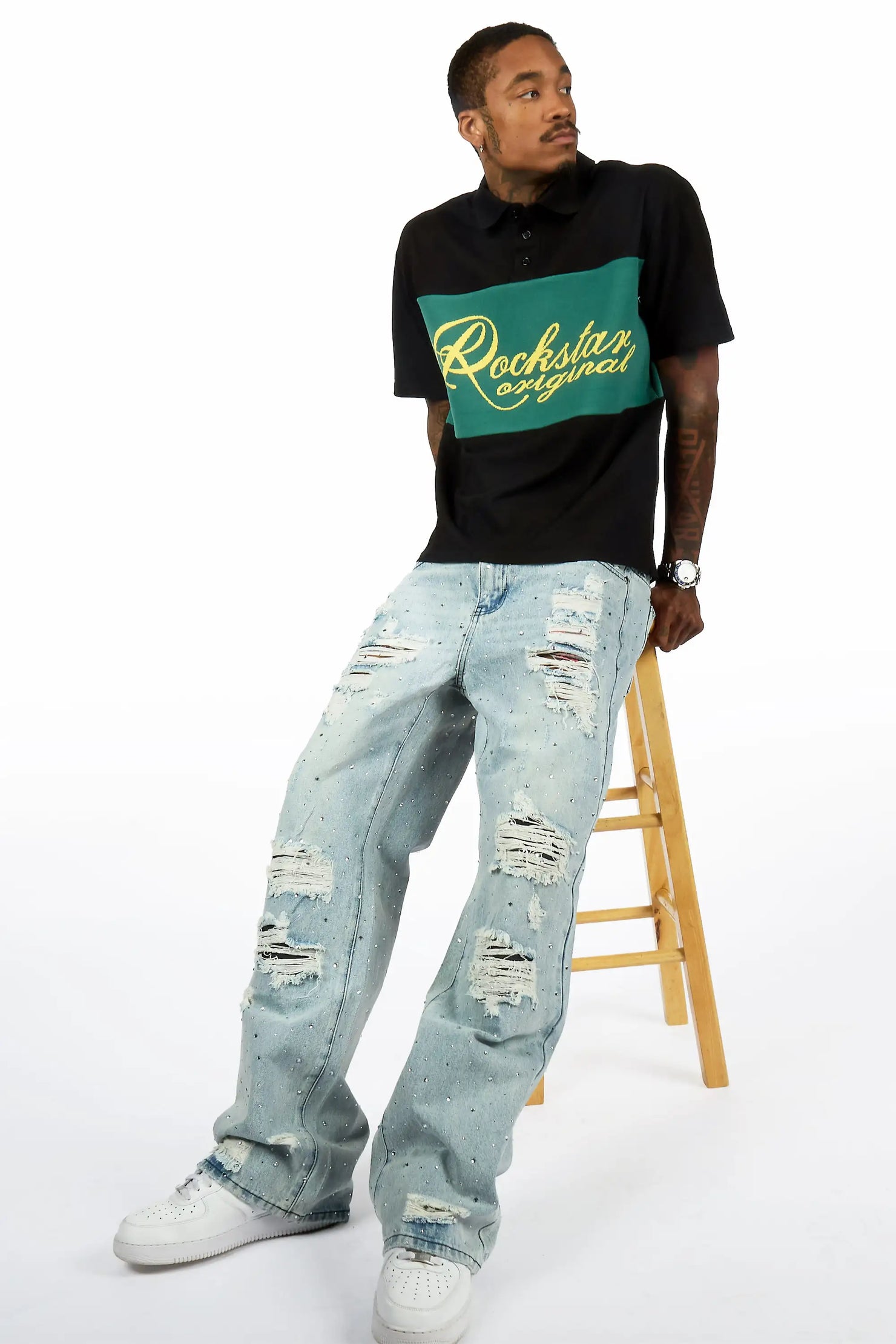 Iden Light Blue Rhinestone Baggy Fit Jean