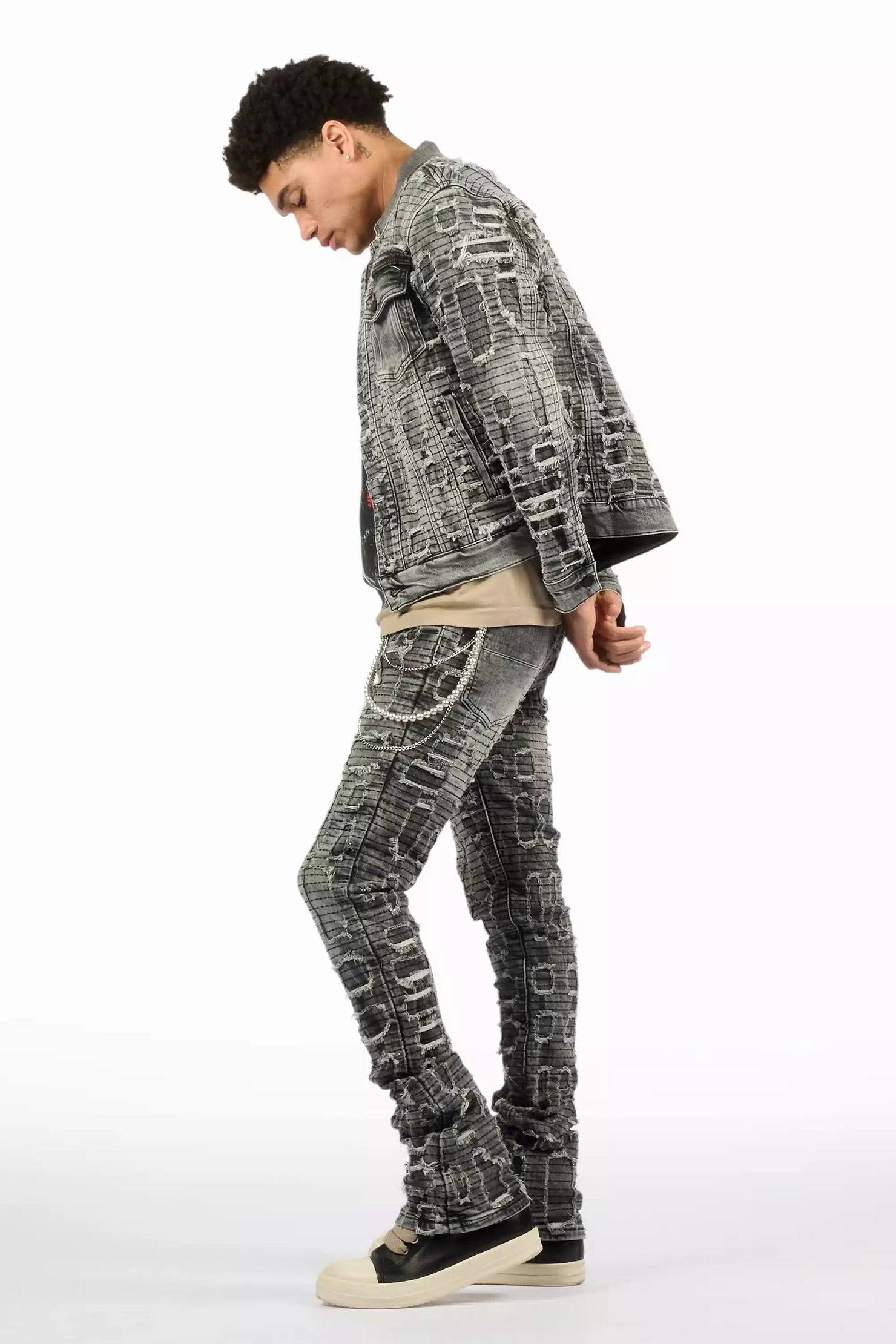 Gribo Grey Denim Jacket/Stacked Flare Jean Set