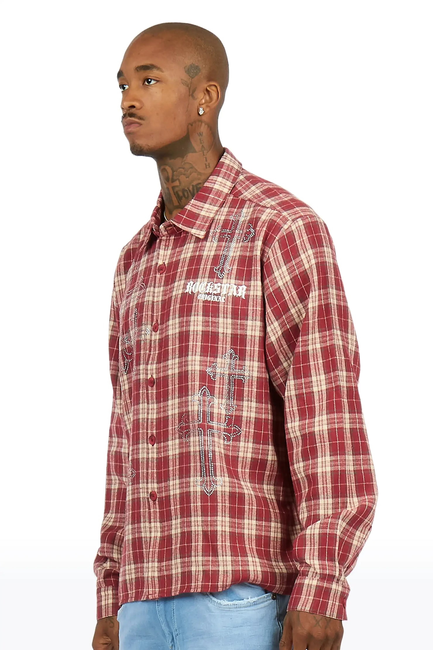 Poldi Red Rhinestone Flannel Long Sleeve Shirt