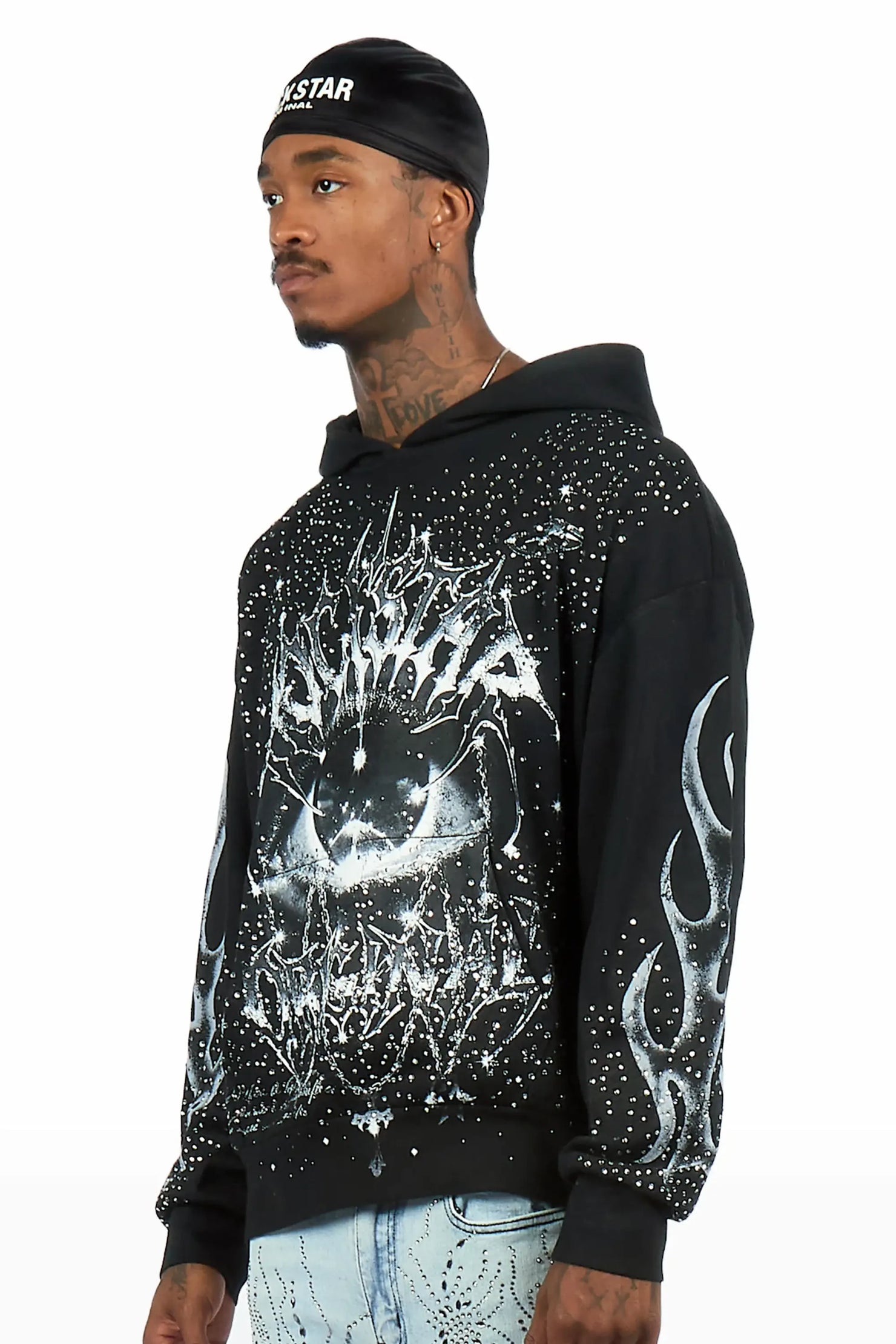 Malykz Black Rhinestone Graphic Hoodie