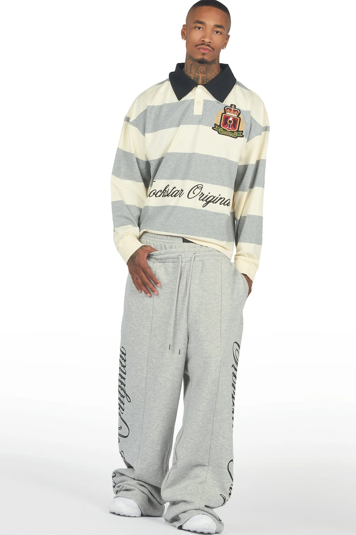 Flynn White/Grey Long Sleeve Polo Shirt