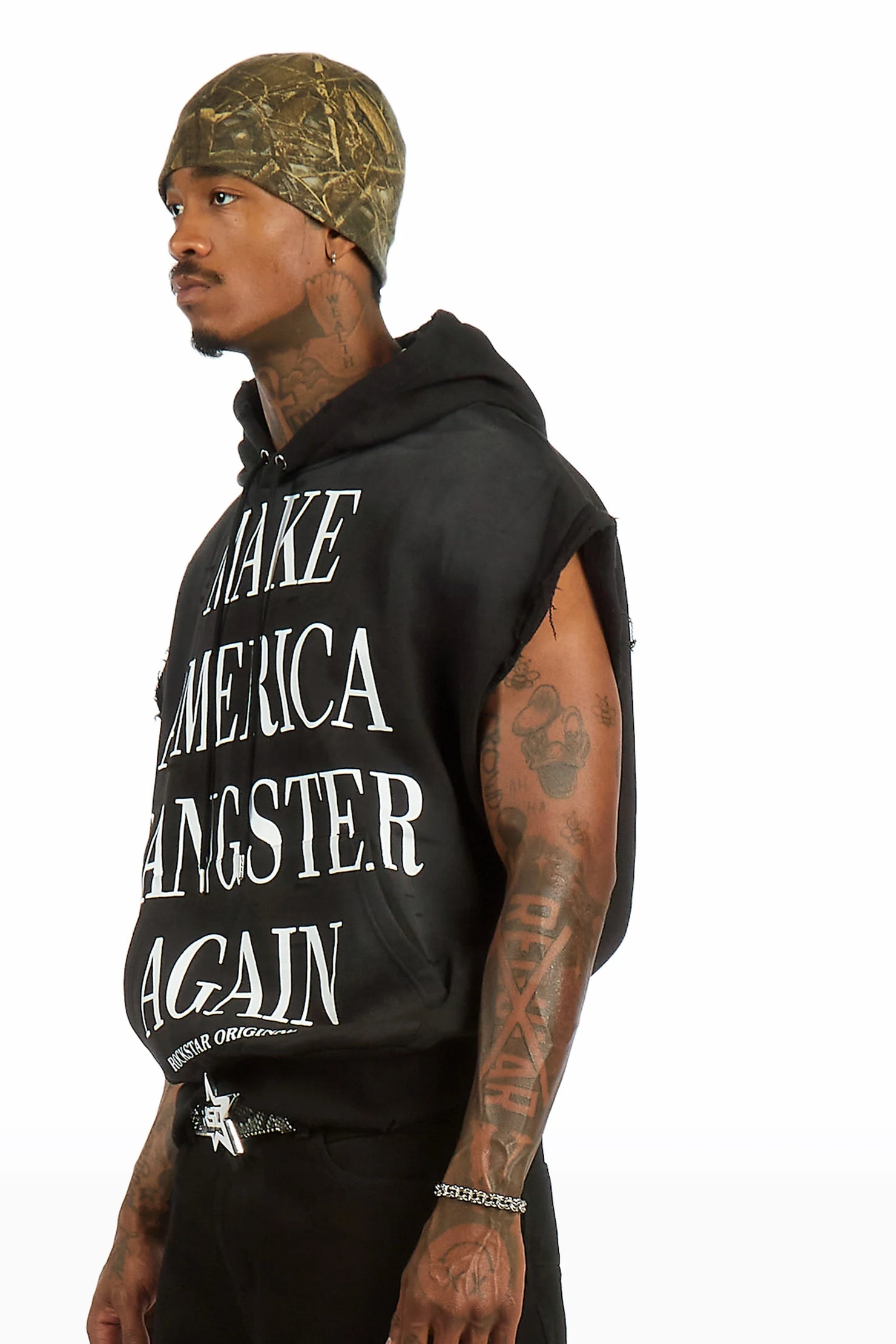 Drako Black Graphic Distressed Cut Sleeve Hoodie