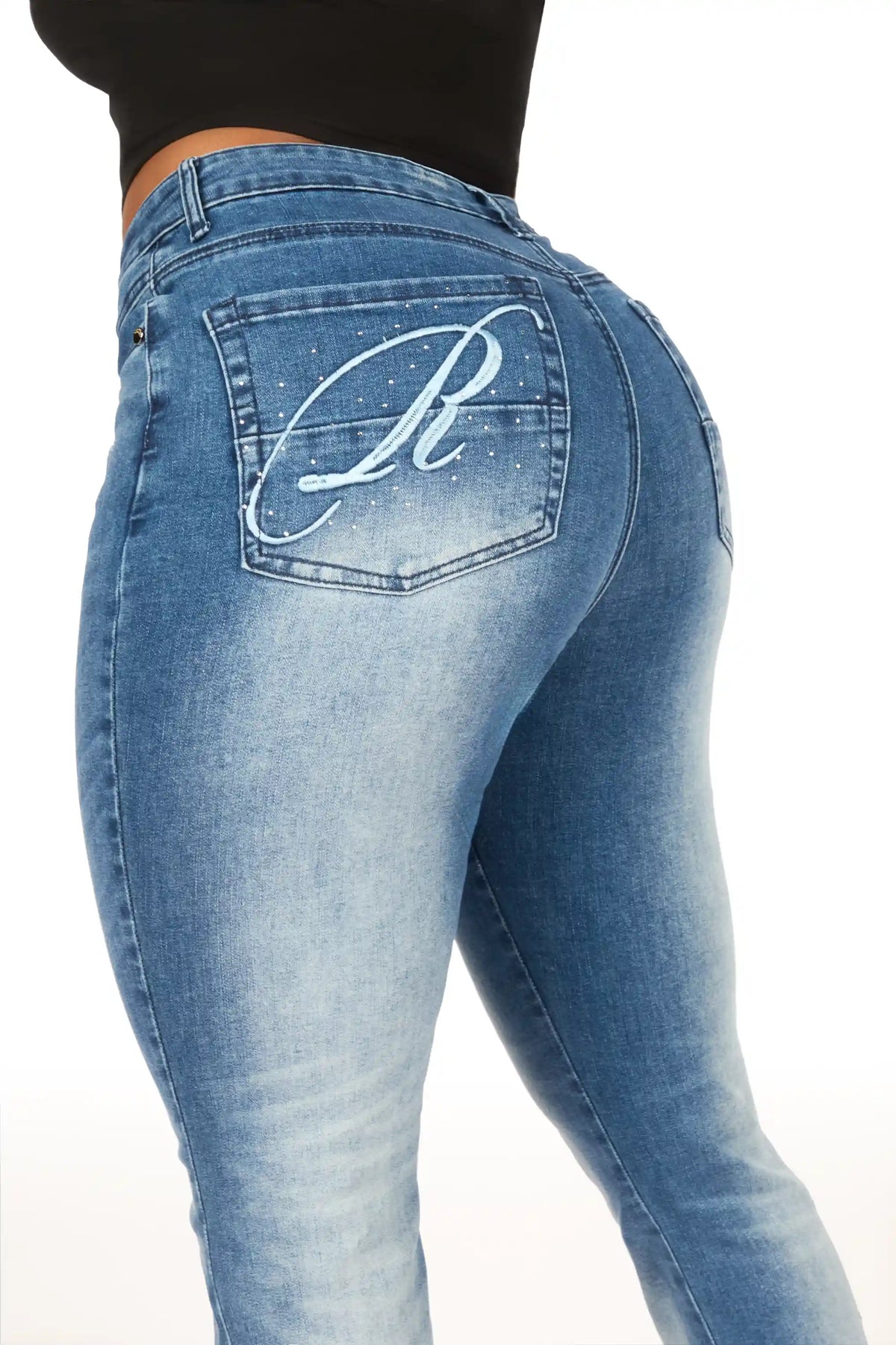 Calisa Med.Wash Rhinestone Stacked Flare Jean