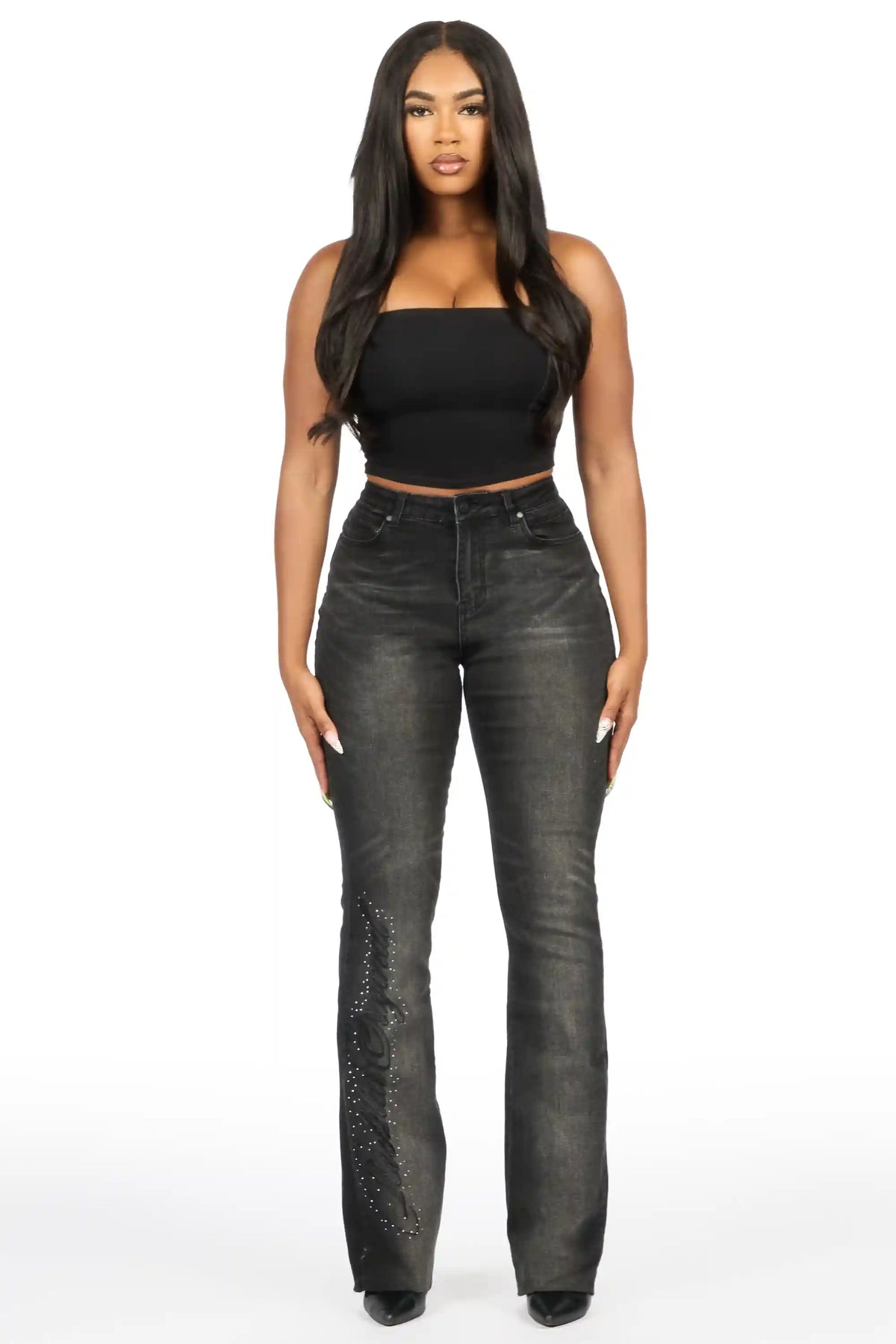 Calisa Black Rhinestone Stacked Flare Jean
