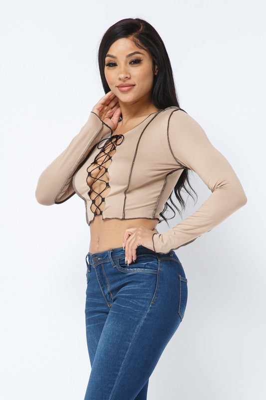 Charlease Mocha Lace Up Long Sleeve Top