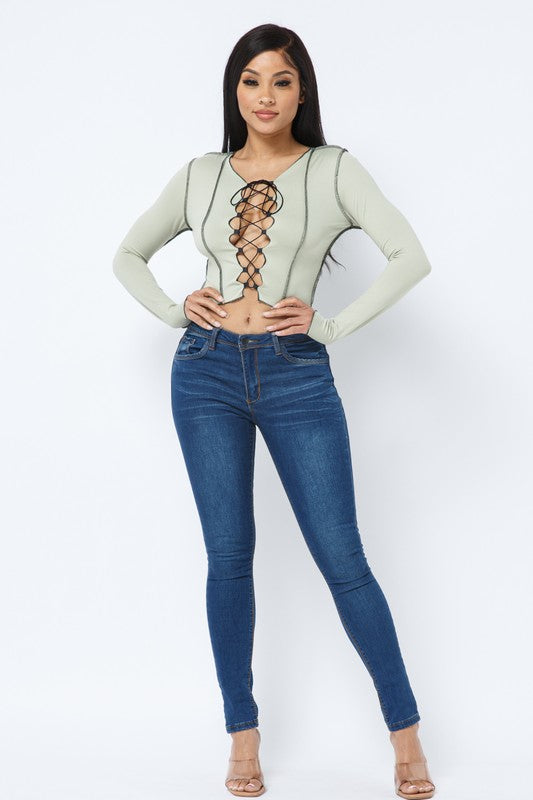 Charlease Sage Lace Up Long Sleeve Top