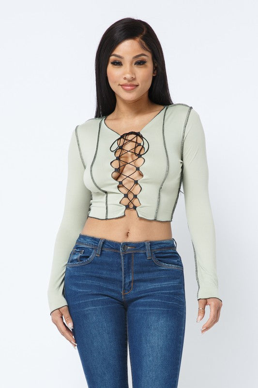 Charlease Sage Lace Up Long Sleeve Top