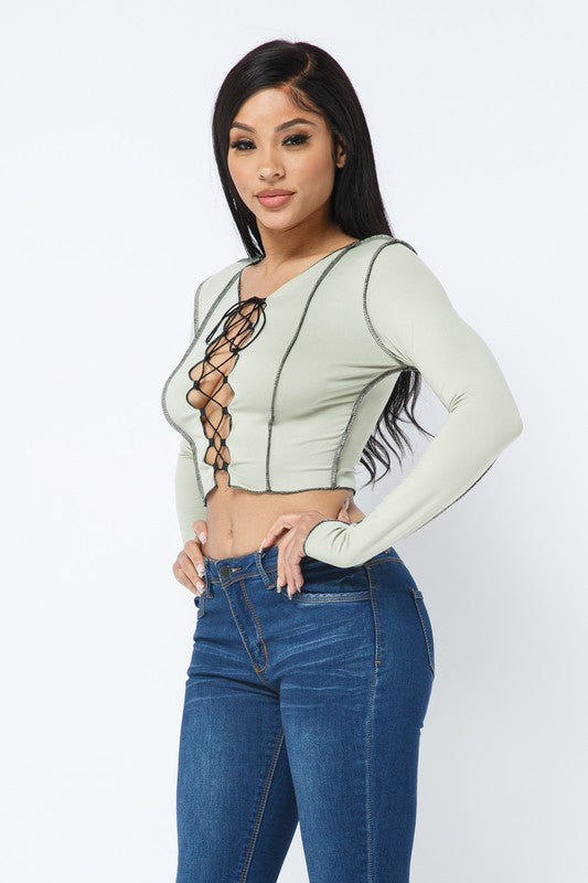 Charlease Sage Lace Up Long Sleeve Top