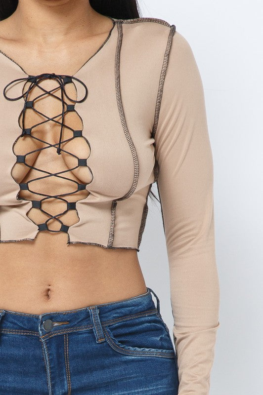 Charlease Mocha Lace Up Long Sleeve Top