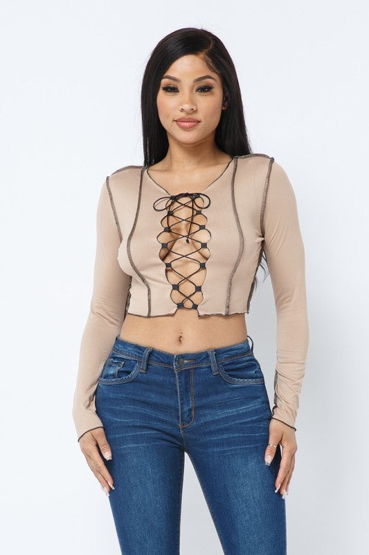 Charlease Mocha Lace Up Long Sleeve Top