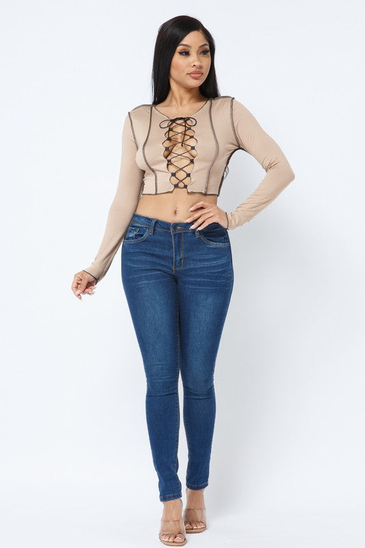 Charlease Mocha Lace Up Long Sleeve Top