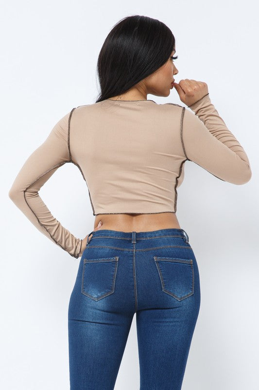 Charlease Mocha Lace Up Long Sleeve Top