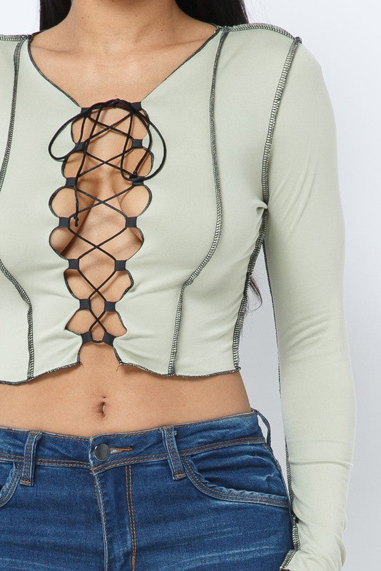 Charlease Sage Lace Up Long Sleeve Top