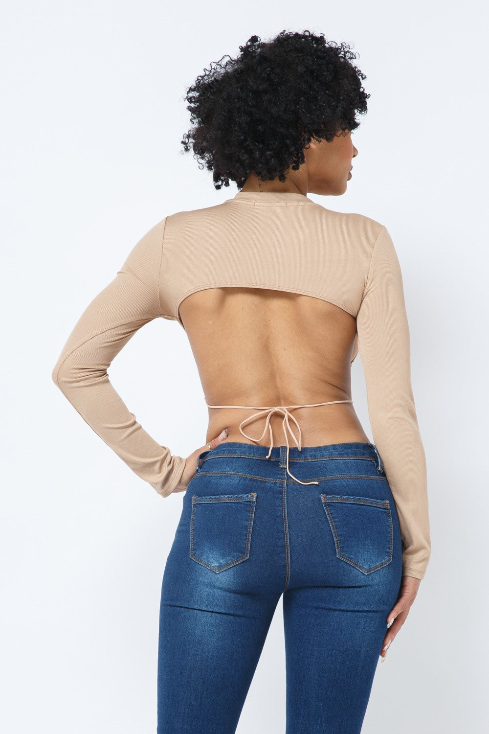 Taja Mocha Open Back Long Sleeve Top