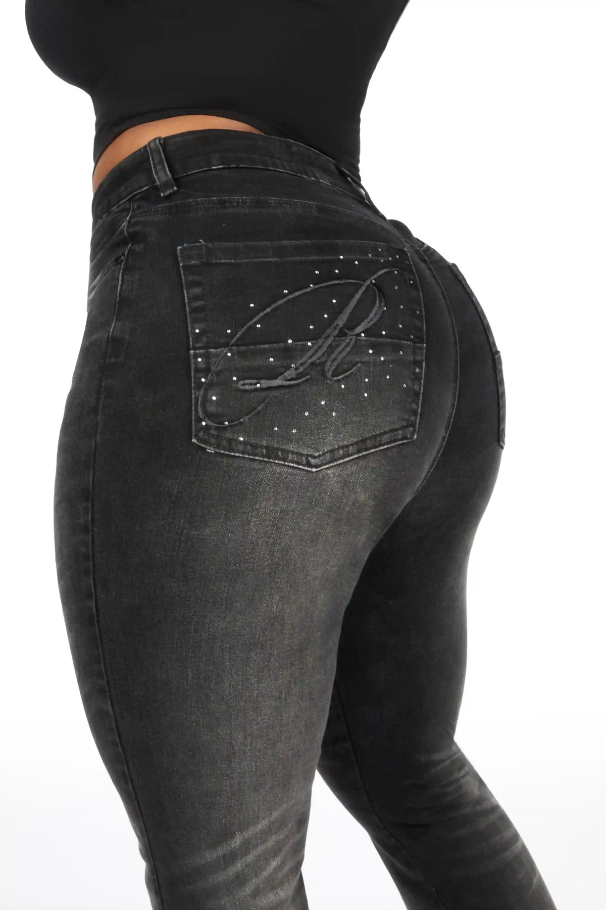 Calisa Black Rhinestone Stacked Flare Jean